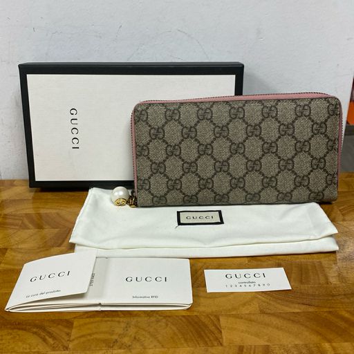 Gucci Coated Canvas Logo GG Zip Around Wallet + Box, Dustbag, etc.