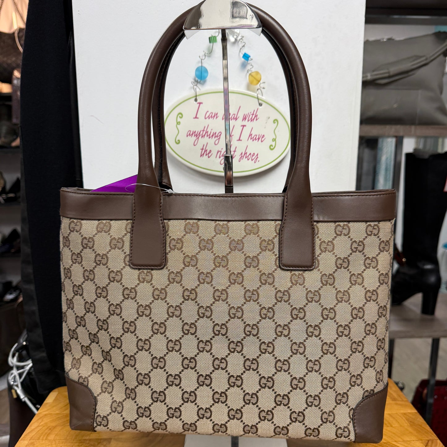 GUCCI Brown Monogram GG Logo Zip Top Tote Bag