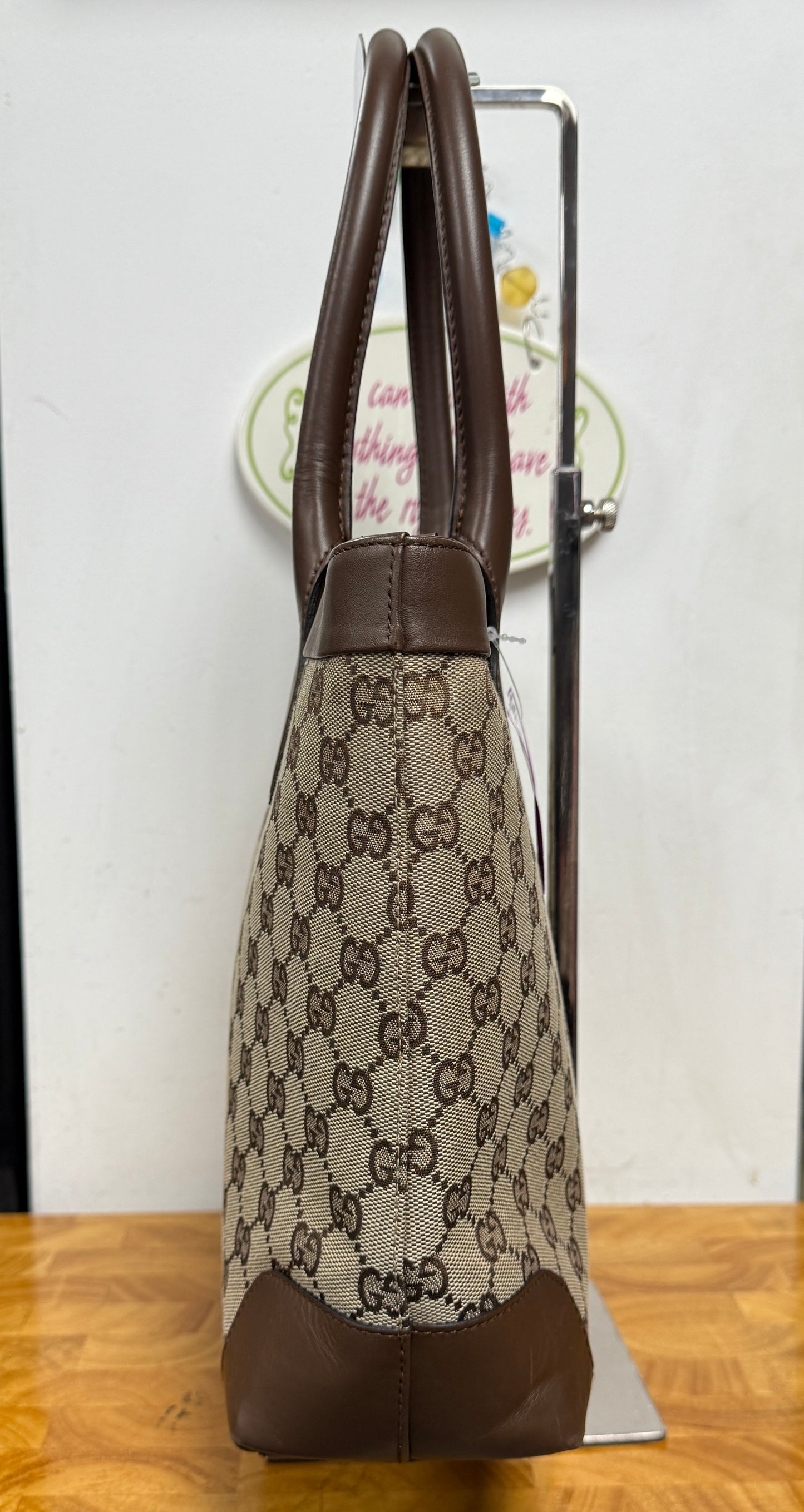 GUCCI Brown Monogram GG Logo Zip Top Tote Bag