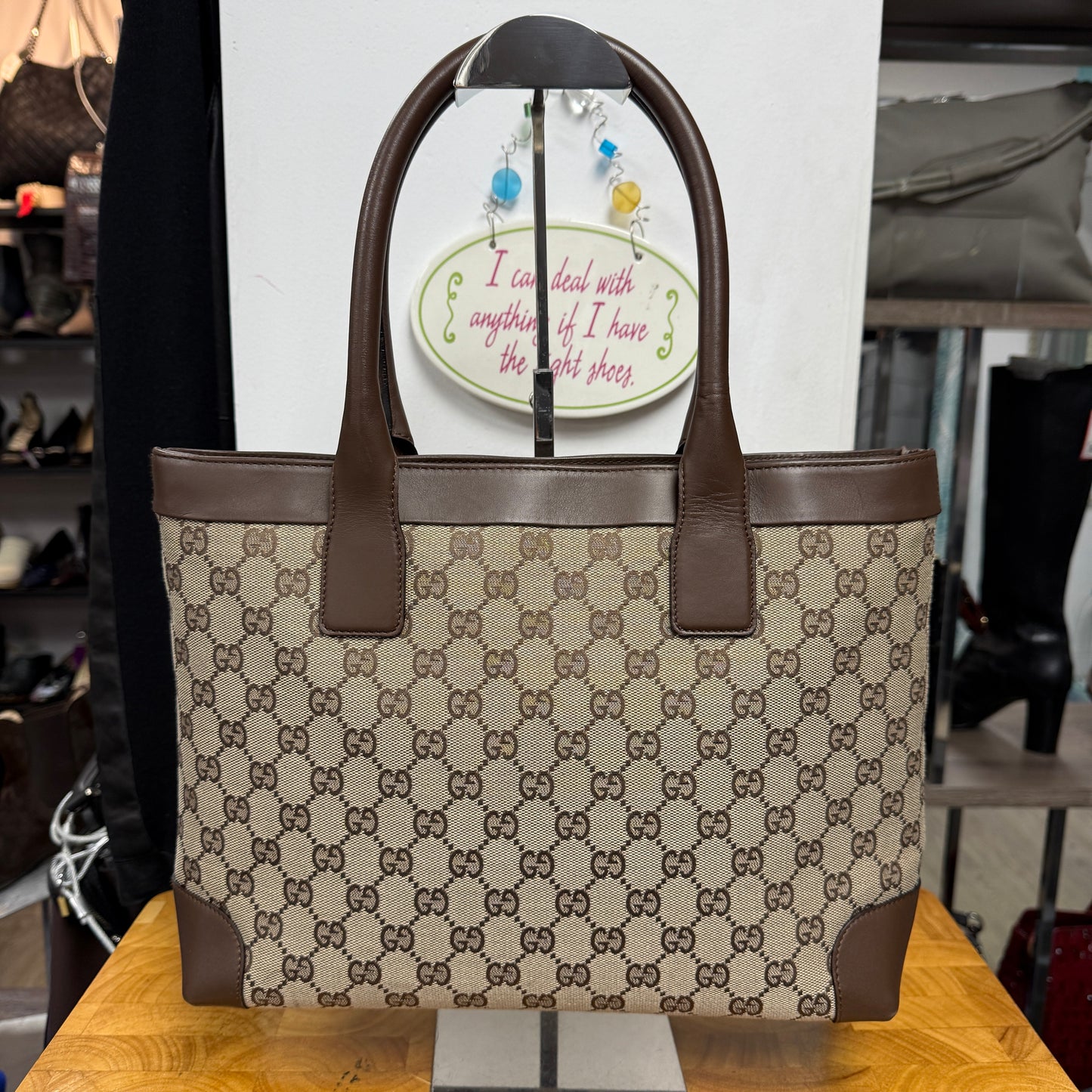 GUCCI Brown Monogram GG Logo Zip Top Tote Bag