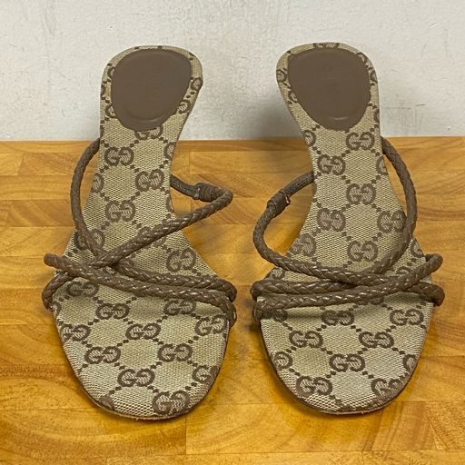 Gucci Brown/Beige Monogram Kitten Heel Sandals Size 7.5 + Box