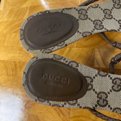 Gucci Brown/Beige Monogram Kitten Heel Sandals Size 7.5 + Box